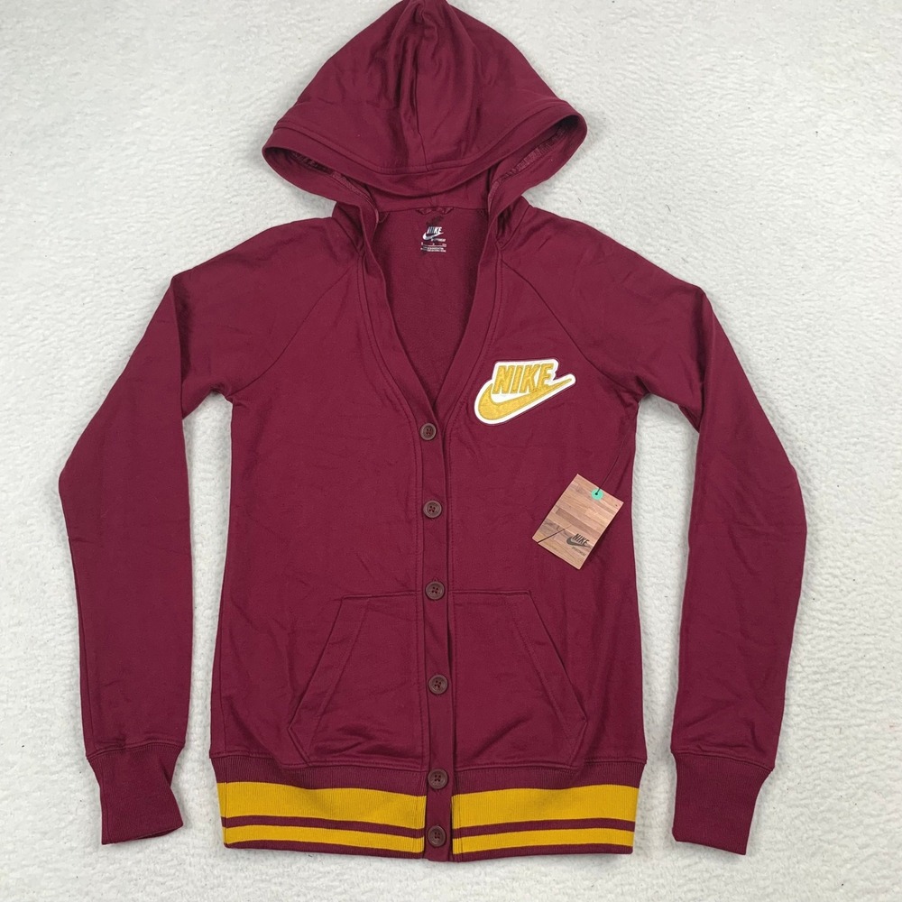 Nike Sportswear Hooded Cardigan Size S Varsity Button Up Maroon 381444-663 NWT!